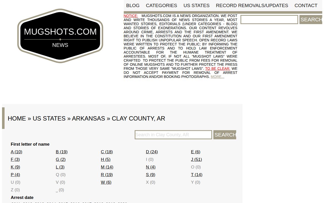 Clay County mugshot archive on an unofficial third-party record page