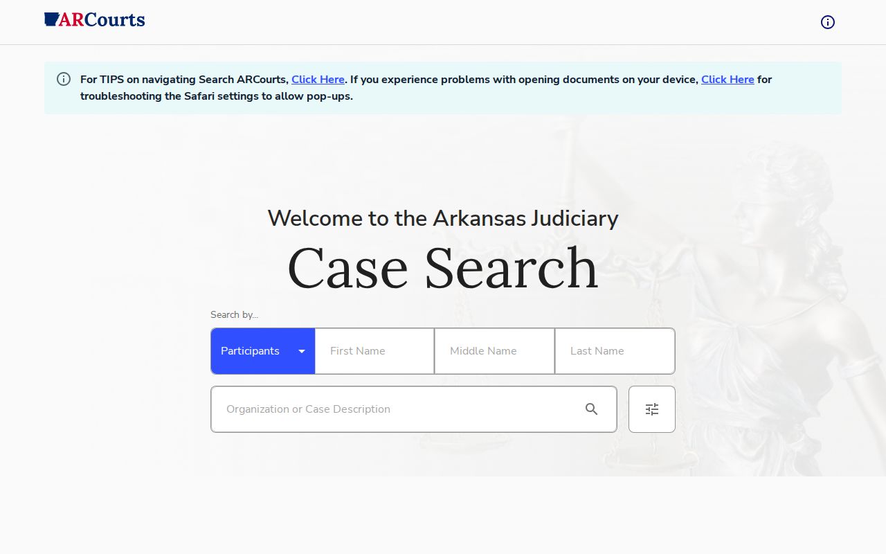 Search ARCourts form for Clay County arrest case disposition records